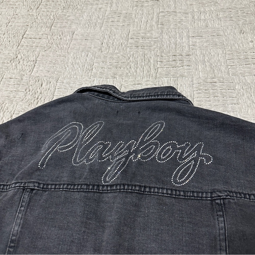 Playboy Pacsun Rhinestone Bling Cropped Black Denim Jacket NWT Logo - Picture 2 of 12